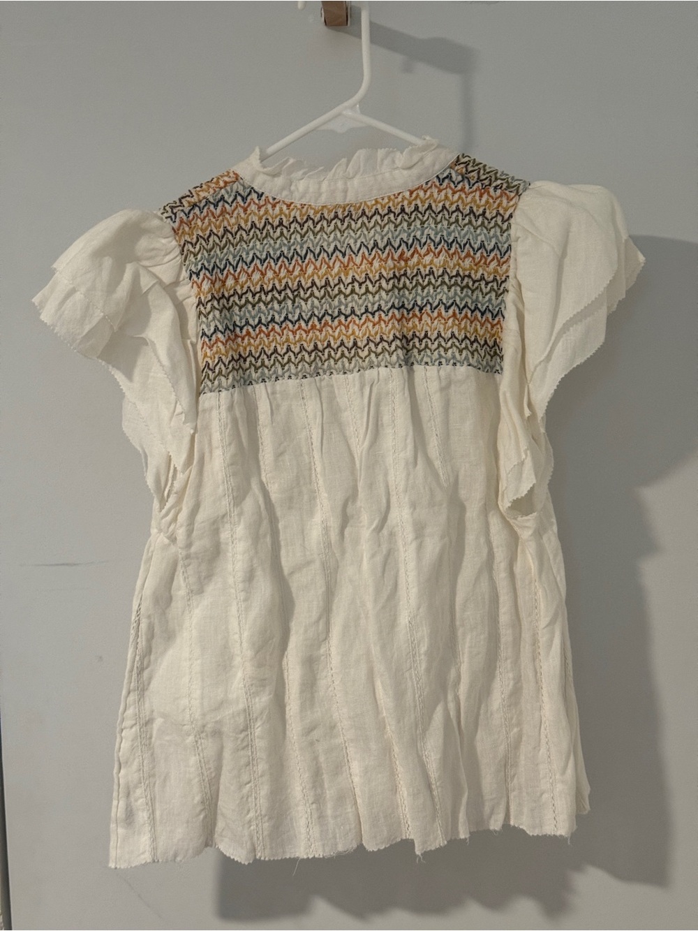 Faherty Ivory Embroidered Linen Top Sz S Boho Ruffle - Picture 2 of 6